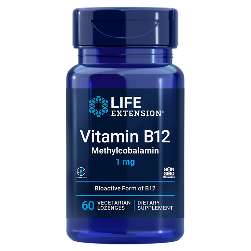 : Life Extension Vitamin B12 Methylcobalamin, 60 vegetarian lozenges for healthy homocysteine levels and brain health.